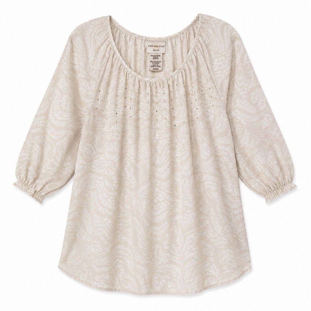 Covington Blouse Women XLP Light Beige Geometric Rhinestone Scoop Neck Tunic Top